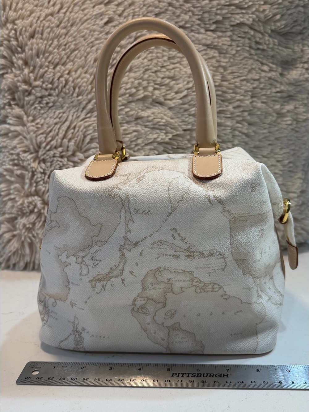 Alviero Martini Cream Map-Print Satchel with Tan Handles